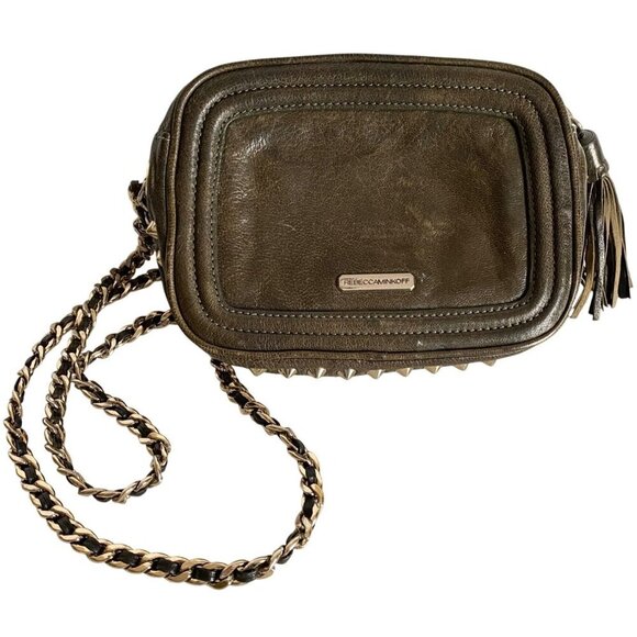 Rebecca Minkoff Leather Studded Crossbody Olive Green Gold Chain Tassel Grunge - Picture 1 of 16